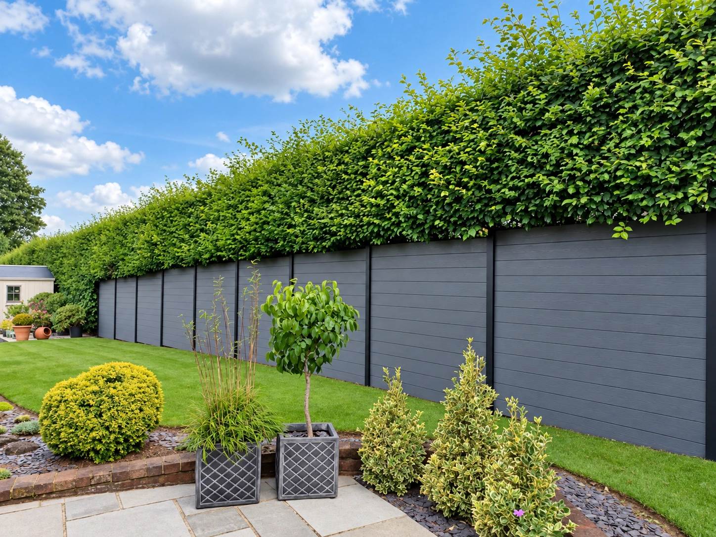 Charcoal horizontal composite-style fence below a tall hedge, beside lawn and paving