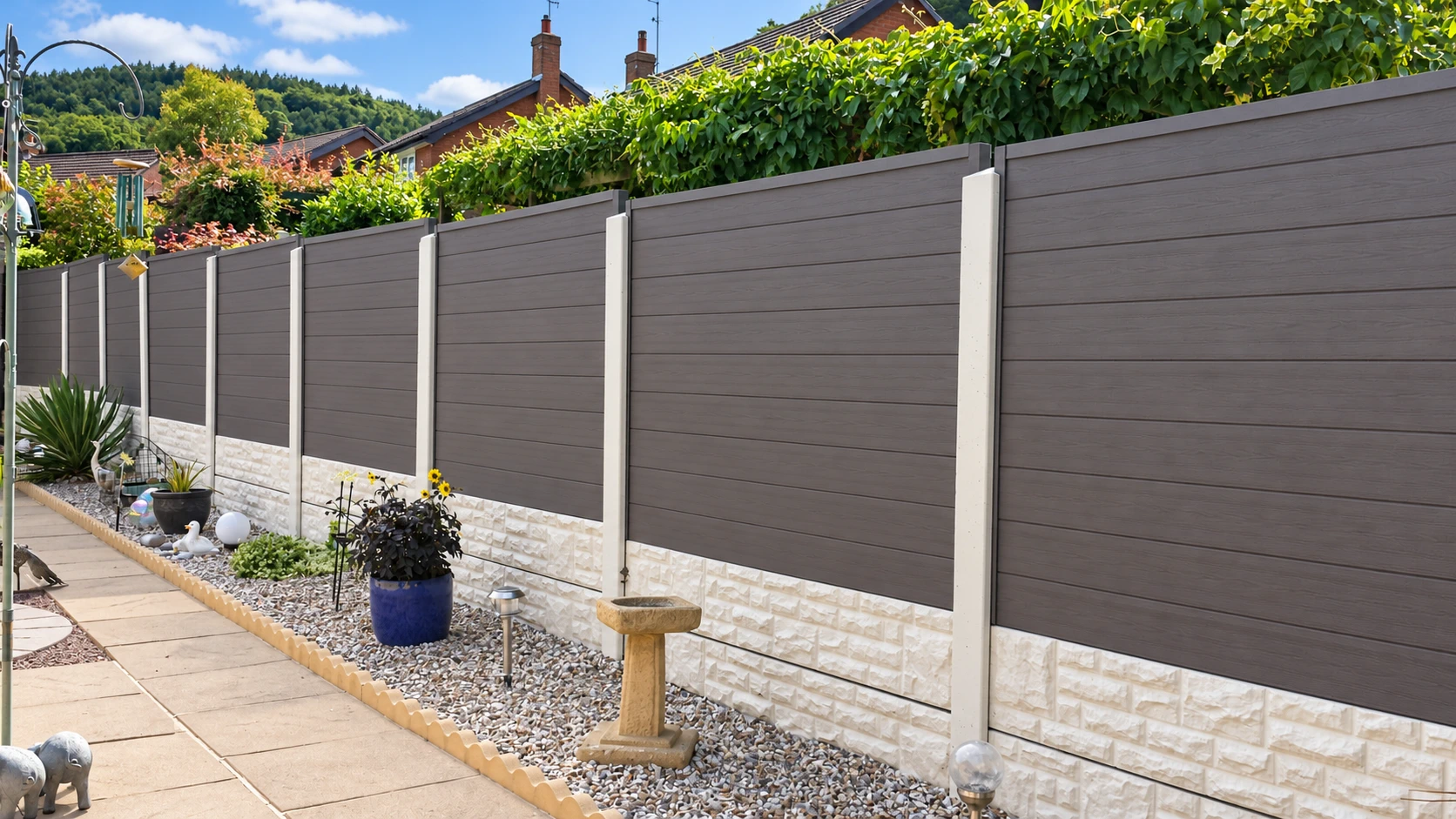 Grey composite-look boundary with pale posts and gravel boards beside a planted garden
