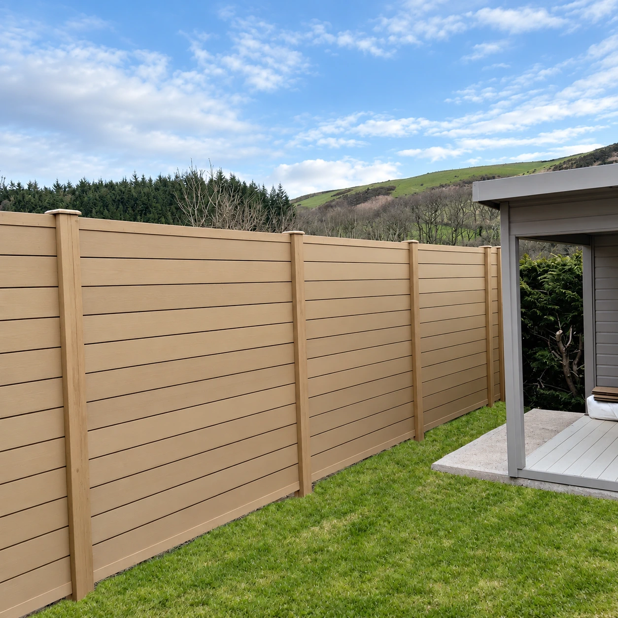 Warm tan composite-look boundary beside a lawn and garden room