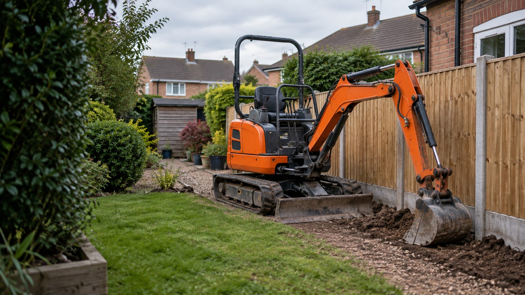 Compact orange mini excavator beside a residential garden boundary