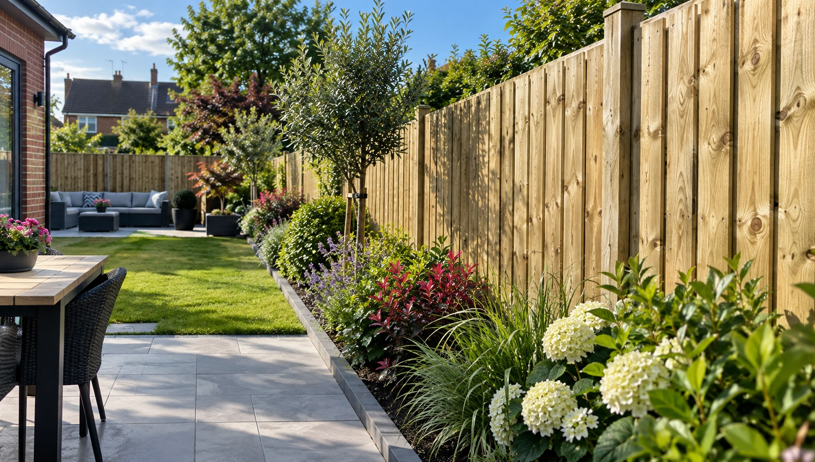 Timber closeboard fence beside planted borders and a paved patio