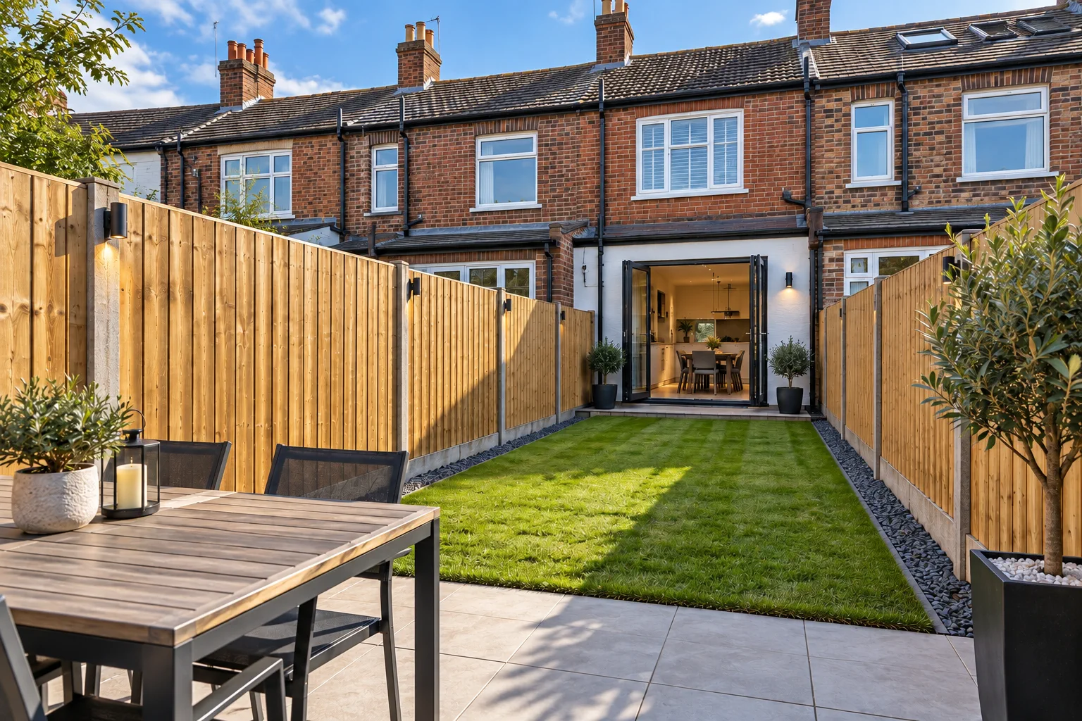Timber fencing around a lawn and paved patio beside a brick home
