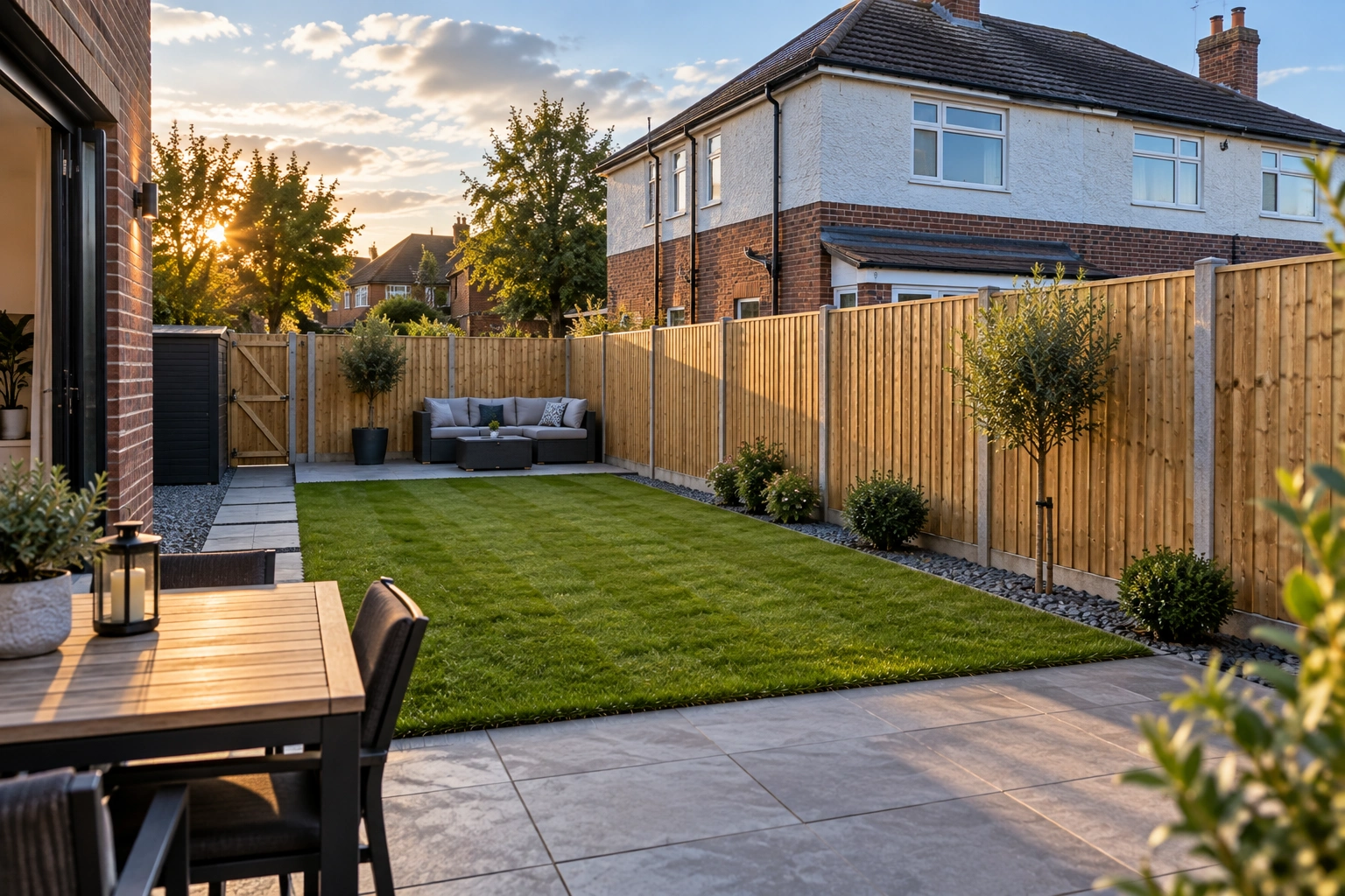 Warm timber boundary and matching gate beside a paved garden