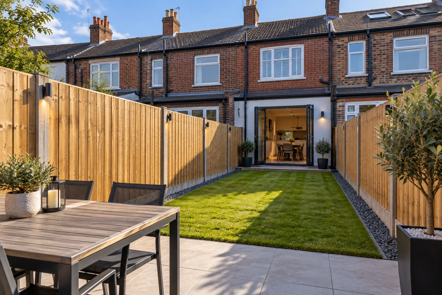 Timber fencing enclosing a neat lawn and patio in a residential garden