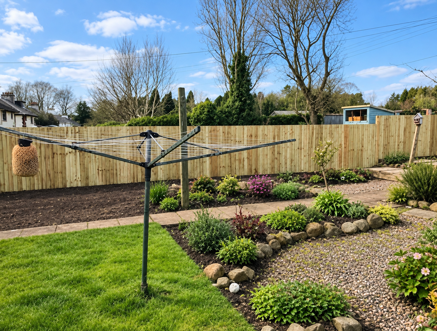 Feather-edge boundary with planting around a finished garden